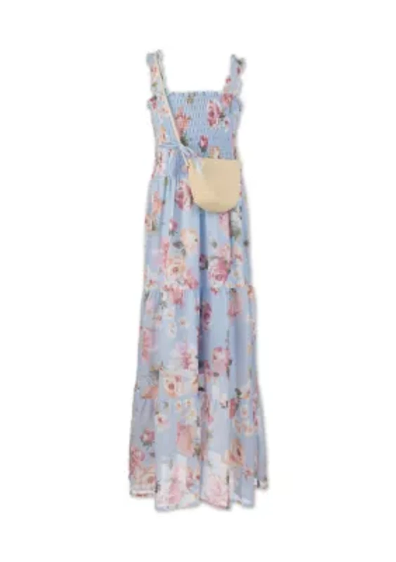 Girls 7-16 Blue Floral Smocked Maxi Dress