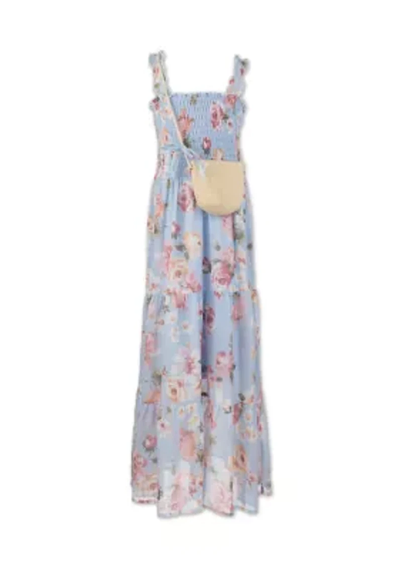 Girls 7-16 Blue Floral Smocked Maxi Dress