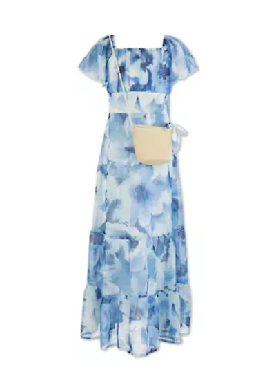 Girls 7-16 Blue Watercolor Floral Maxi Dress