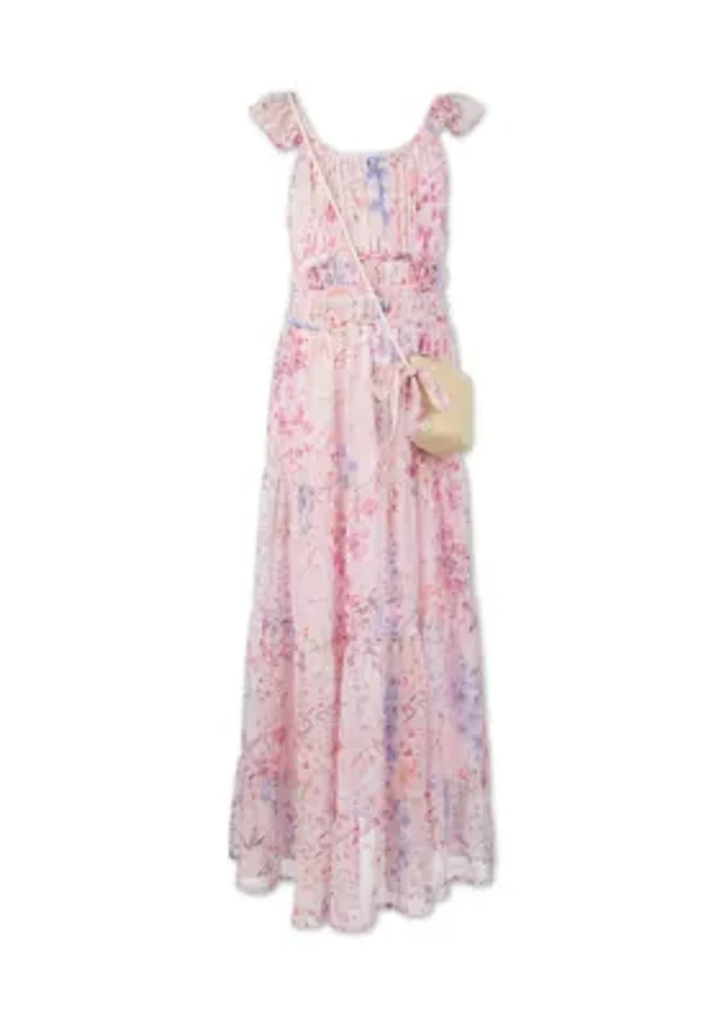 Girls 7-16 Pink Garden Floral Flutter Maxi Dress