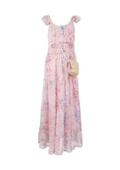 Girls 7-16 Pink Garden Floral Flutter Maxi Dress