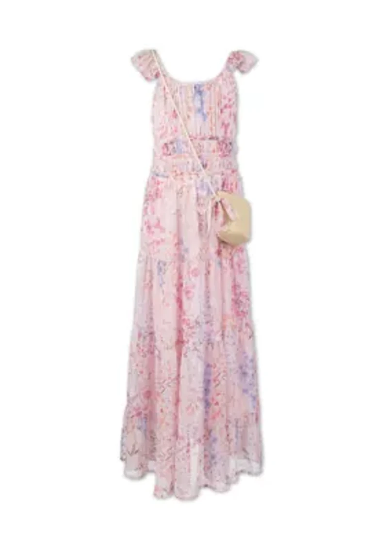 Girls 7-16 Pink Garden Floral Flutter Maxi Dress