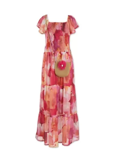 Girls 7-16 Pink Watercolor Floral Smocked Maxi Dress
