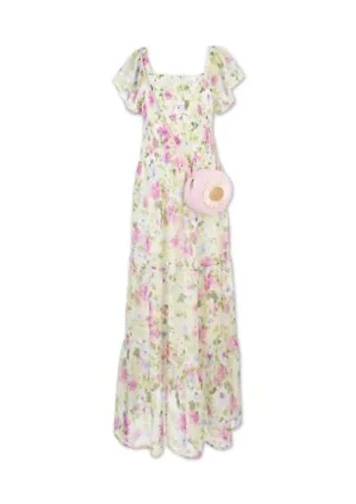 Girls 7-16 Green Floral Flutter Sleeve Maxi Dress