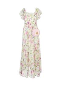 Girls 7-16 Green Floral Flutter Sleeve Maxi Dress