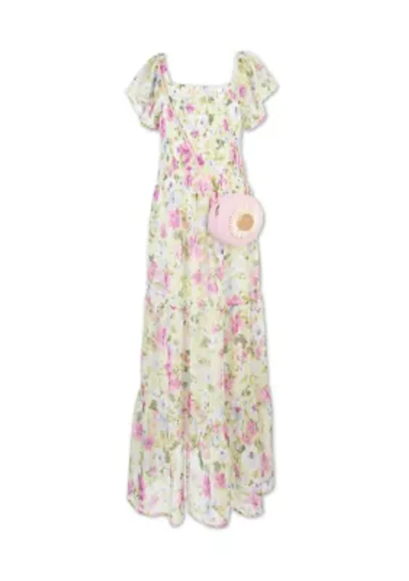 Girls 7-16 Green Floral Flutter Sleeve Maxi Dress