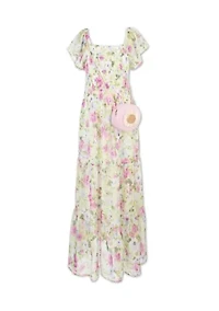 Girls 7-16 Green Floral Flutter Sleeve Maxi Dress