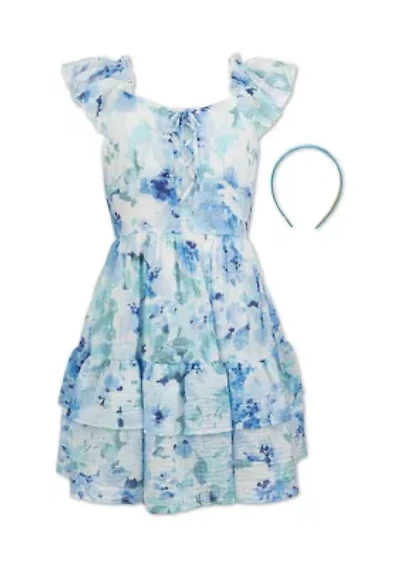 Girls 7-16 Ivy Blue Floral Crinkle Gauze Dress with Headband