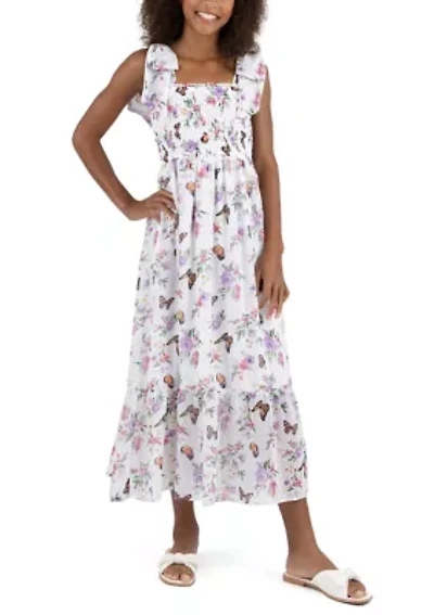 Girls 7-16 Butterfly Print Smocked Maxi Dress