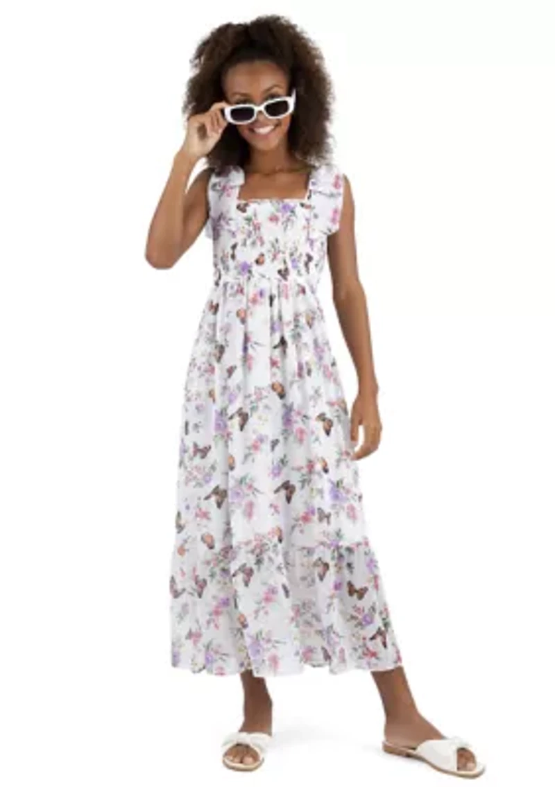 Girls 7-16 Butterfly Print Smocked Maxi Dress