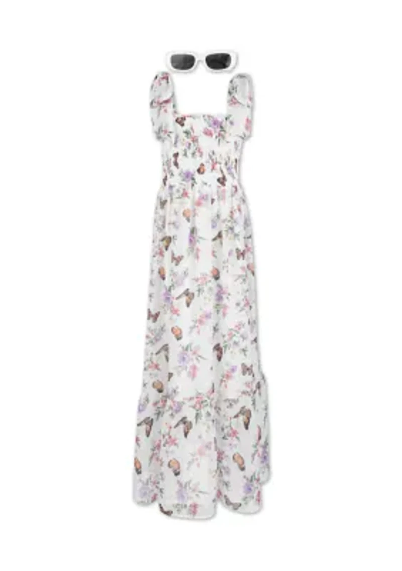 Girls 7-16 Butterfly Print Smocked Maxi Dress