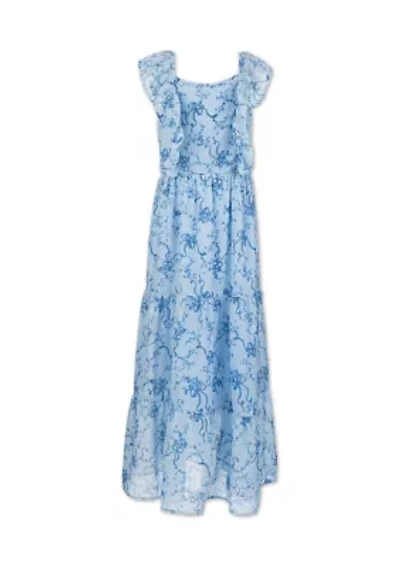 Girls 7-16 Blue Ruffle Front Maxi Dress