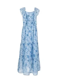 Girls 7-16 Blue Ruffle Front Maxi Dress