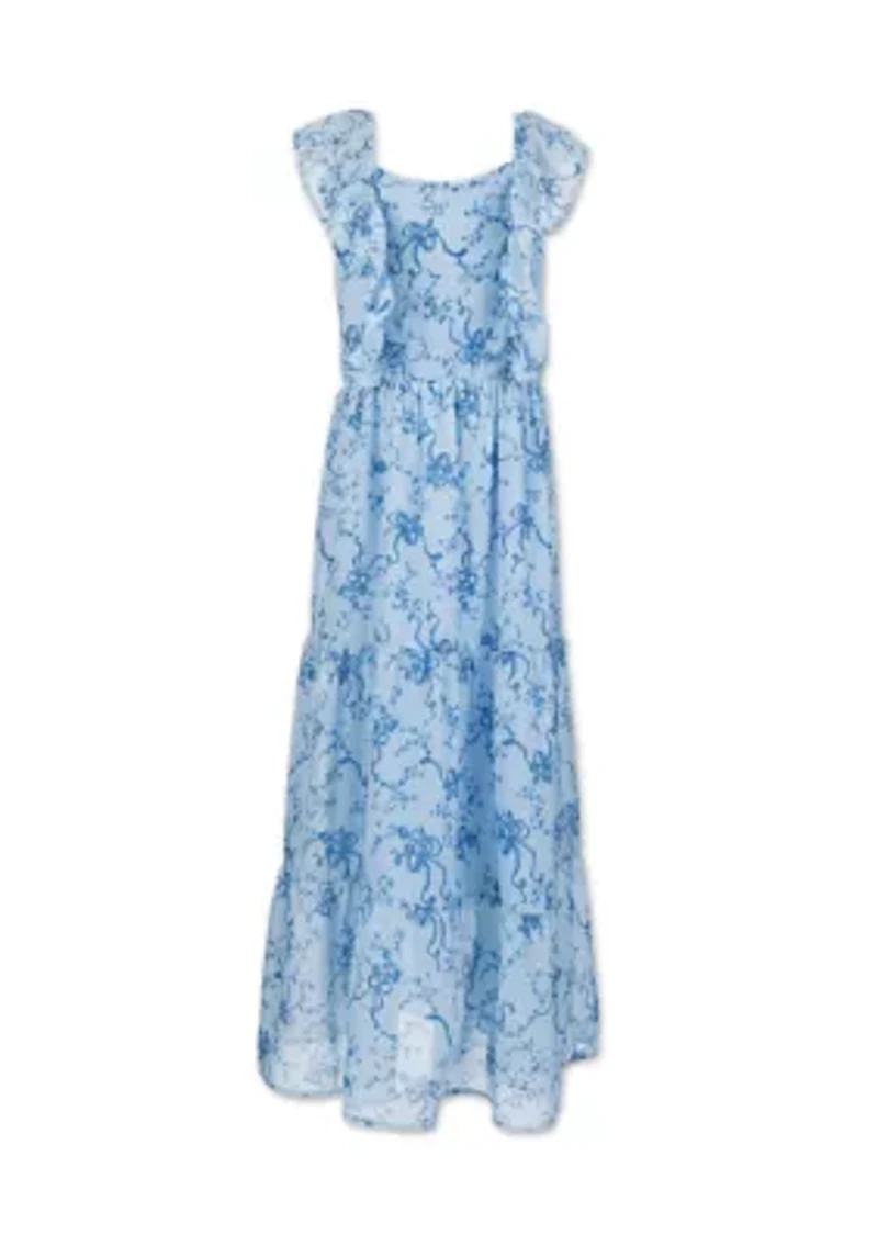 Girls 7-16 Blue Ruffle Front Maxi Dress