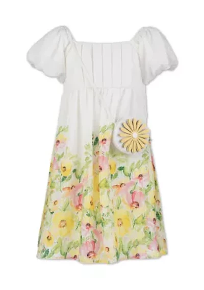 Girls 7-16 Floral Hem Pleated Bodice Dress