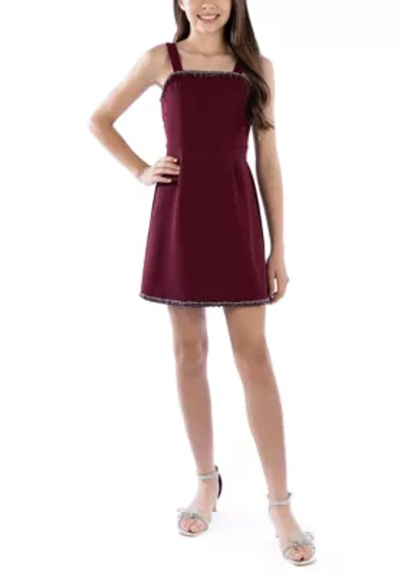 Girls 7-16 Sleeveless Scuba Crepe Dress with Bejeweled Details