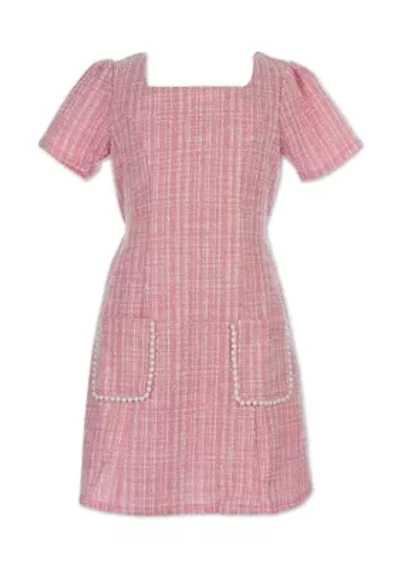 Girls 7-16 Boucle Short Sleeve Pearl Trim Dress