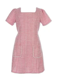 Girls 7-16 Boucle Short Sleeve Pearl Trim Dress