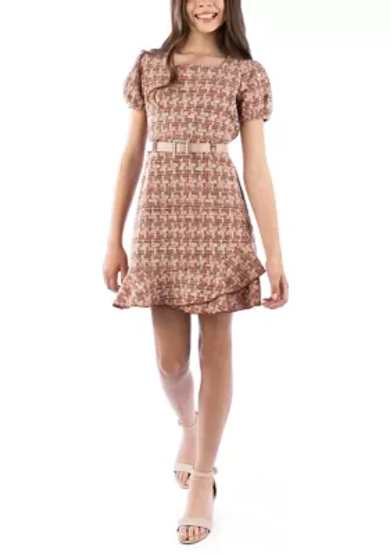 Girls 7-16 Bouclé Ruffle Hem Printed Dress