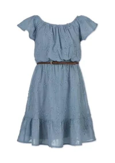 Girls 7-16 Belted Embroidered Dress