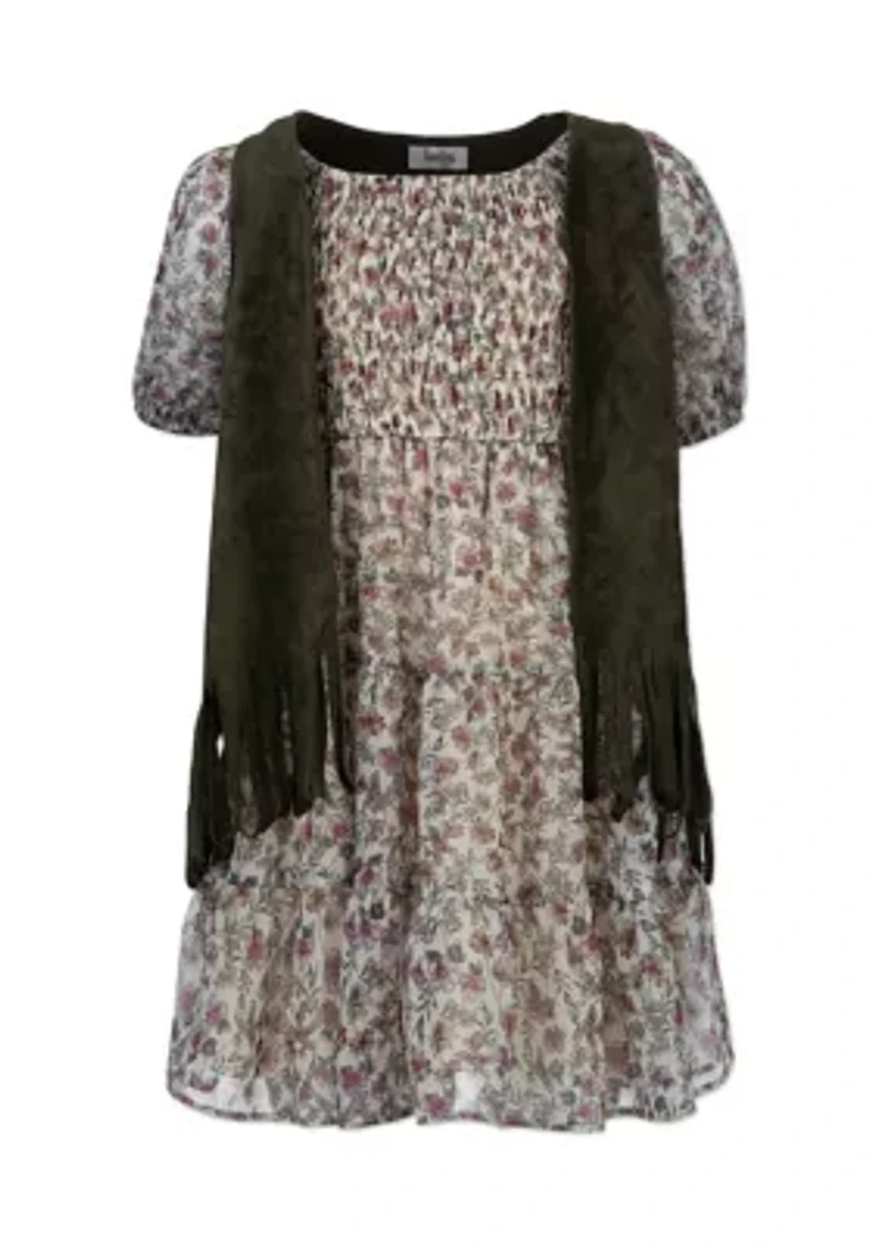 Girls 7-16 Suede Vest with Floral Print Dress