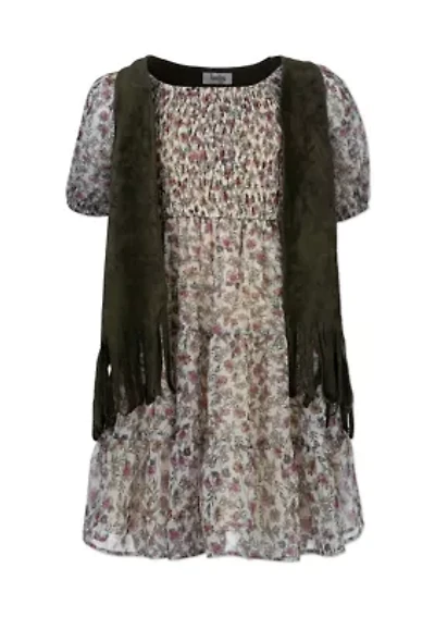 Girls 7-16 Suede Vest with Floral Print Dress