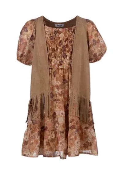 Girls 7-16 Suede Vest with Floral Print Dress