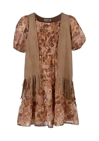 Girls 7-16 Suede Vest with Floral Print Dress
