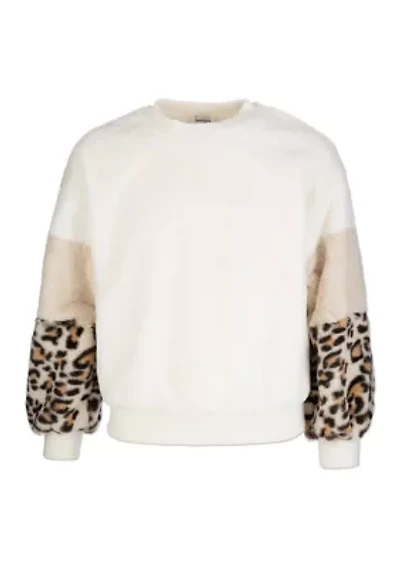 Girls 7-16 Sherpa Animal Print Color Block Sleeve Pullover