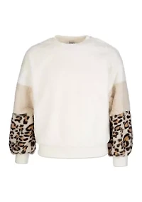 Girls 7-16 Sherpa Animal Print Color Block Sleeve Pullover