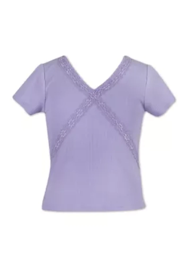 Girls 7-16 Short Sleeve Lace Trim Sold Rib Top