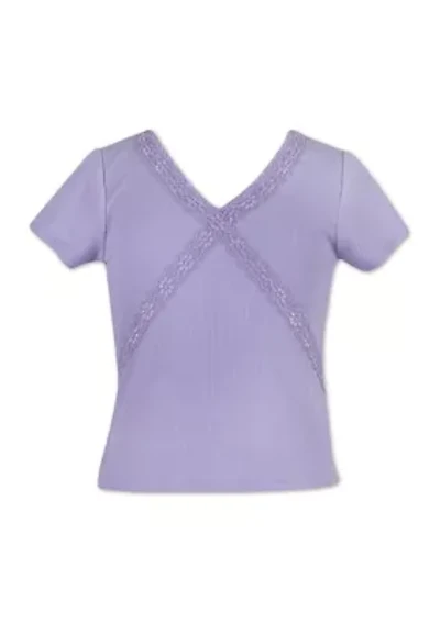 Girls 7-16 Short Sleeve Lace Trim Sold Rib Top