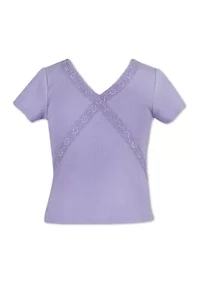 Girls 7-16 Short Sleeve Lace Trim Sold Rib Top