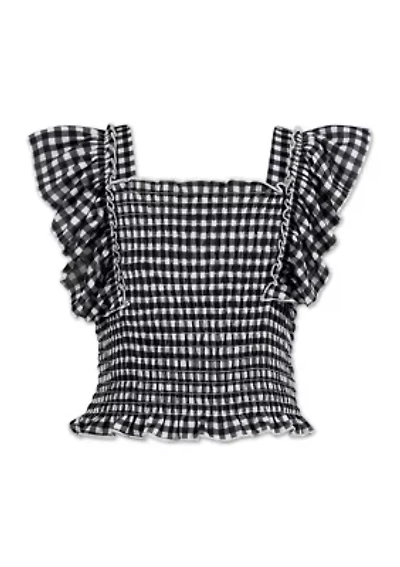 Girls 7-16 Flutter Sleeve Check Knit Smocked Top