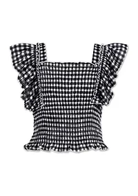 Girls 7-16 Flutter Sleeve Check Knit Smocked Top