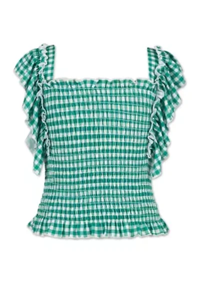 Girls 7-16 Flutter Sleeve Check Knit Smocked Top