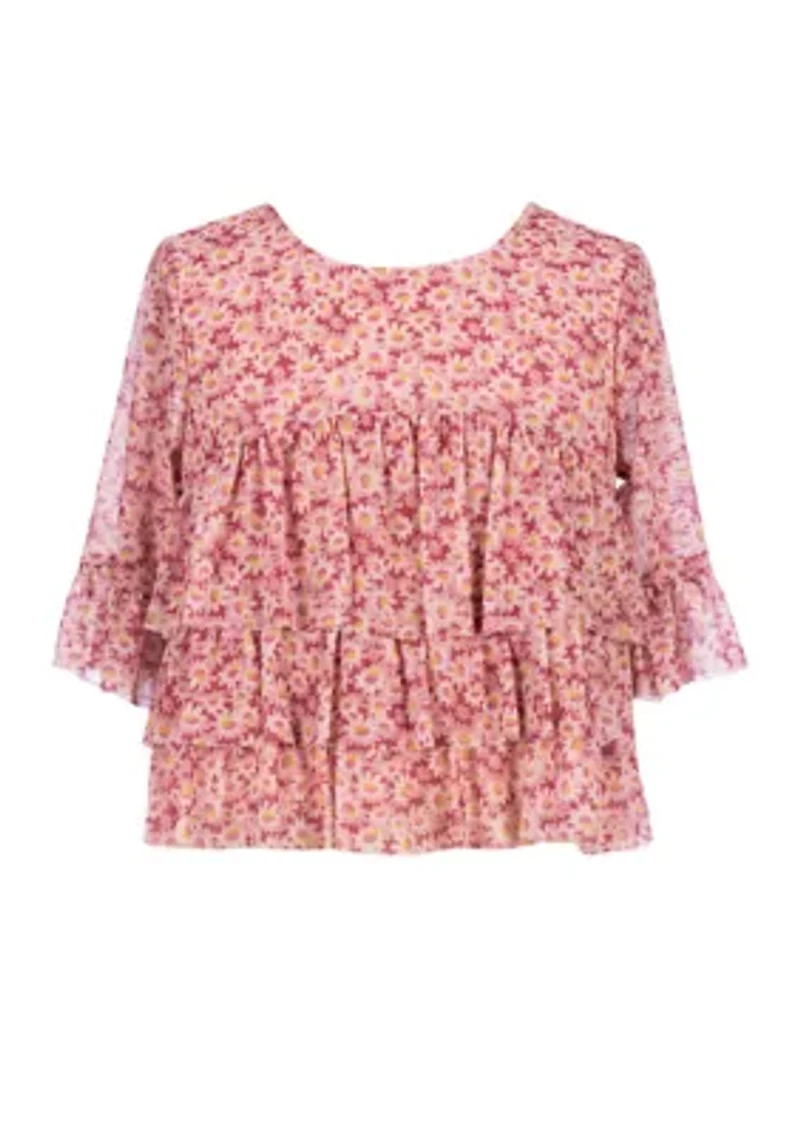 Girls 7-16 Floral Printed Mesh Tier Top