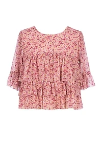 Girls 7-16 Floral Printed Mesh Tier Top