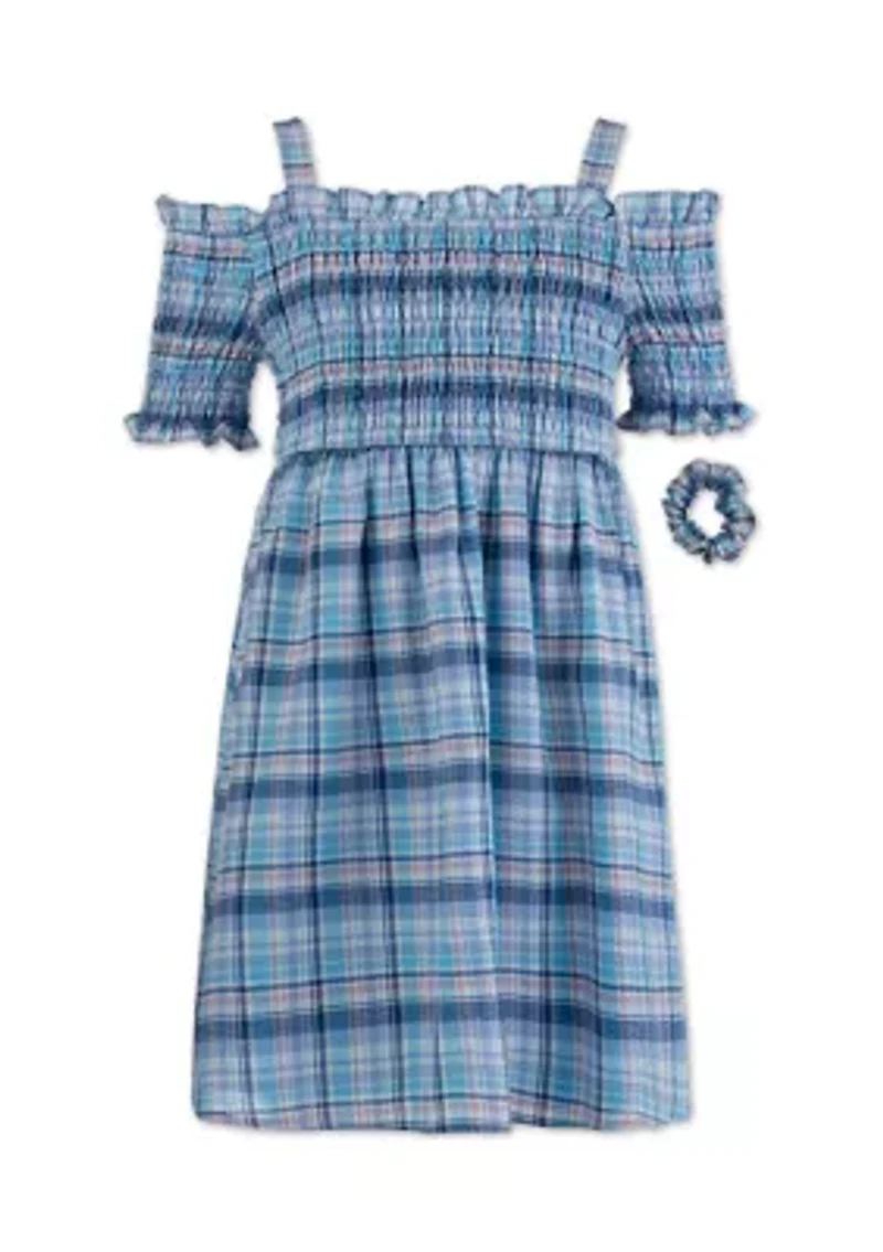 Girls 7-16 Plaid Print Smocked Babydoll Off the Shoulder Dress