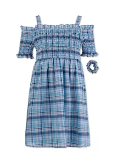Girls 7-16 Plaid Print Smocked Babydoll Off the Shoulder Dress