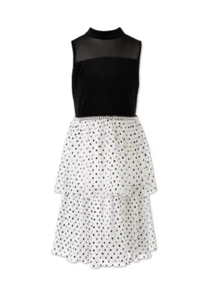 Girls Sleeveless Velvet Bodice Ruffle Tiered Printed Dress