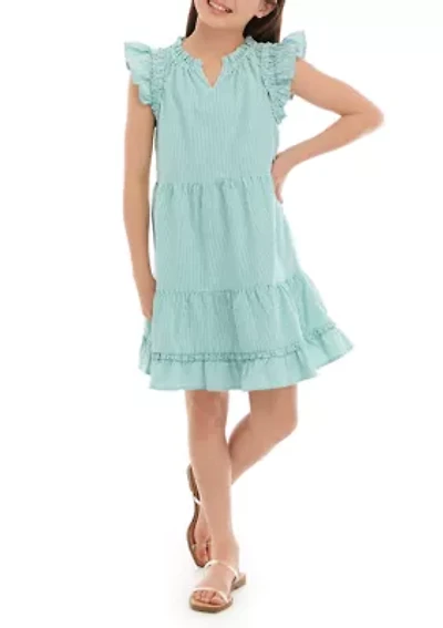 Girls 7-16 Striped Tiered Ruffle Neck Dress