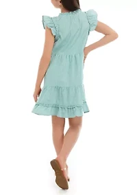 Girls 7-16 Striped Tiered Ruffle Neck Dress