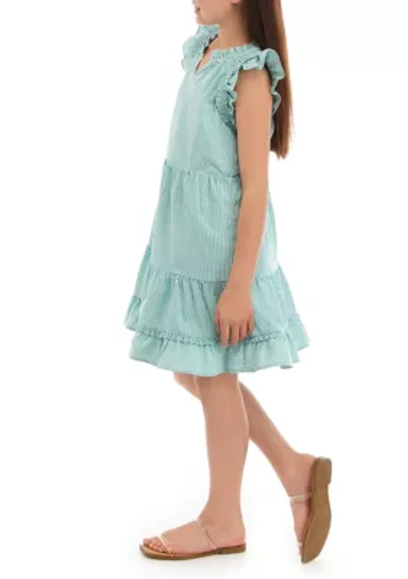 Girls 7-16 Striped Tiered Ruffle Neck Dress