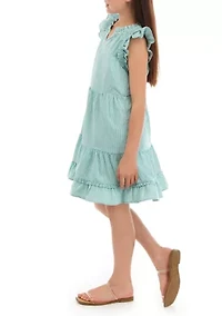 Girls 7-16 Striped Tiered Ruffle Neck Dress