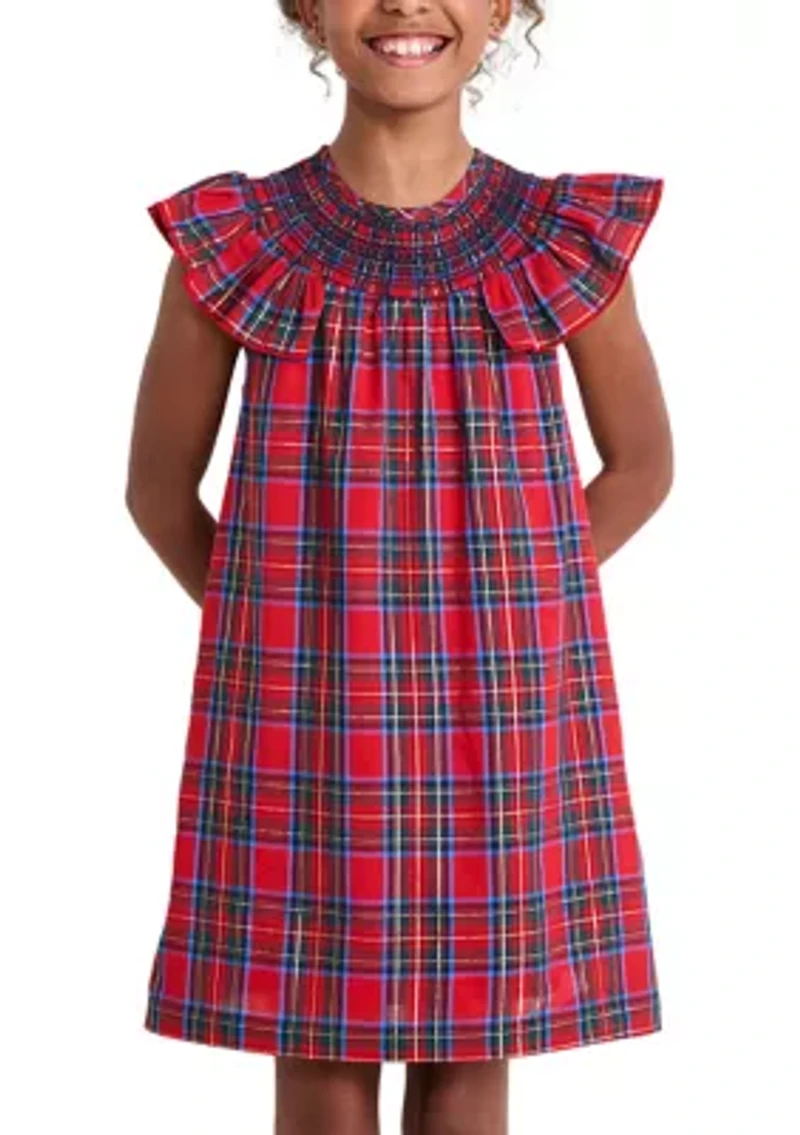 Girls 7-16 Ruffle Plaid Smocked Shift Dress