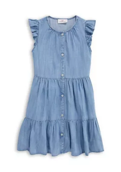 Girls 7-16 Short Ruffle Sleeve Chambray Shirt Dress