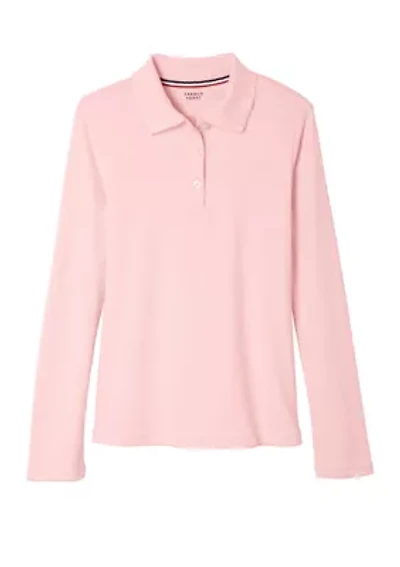 Girls Long Sleeve Picot Collar Interlock Polo Shirt