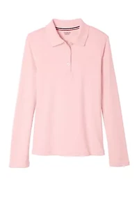 Girls Long Sleeve Picot Collar Interlock Polo Shirt
