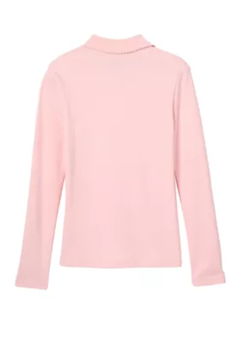 Girls Long Sleeve Picot Collar Interlock Polo Shirt
